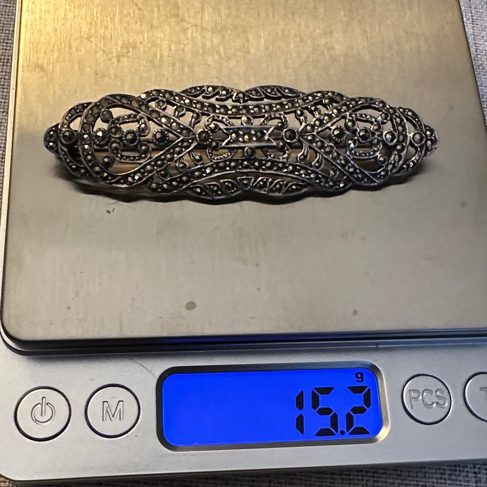 Vintage Art Deco Sterling Marcasite Intricate Filigree Bar Pin Brooch - Picture 2 of 7